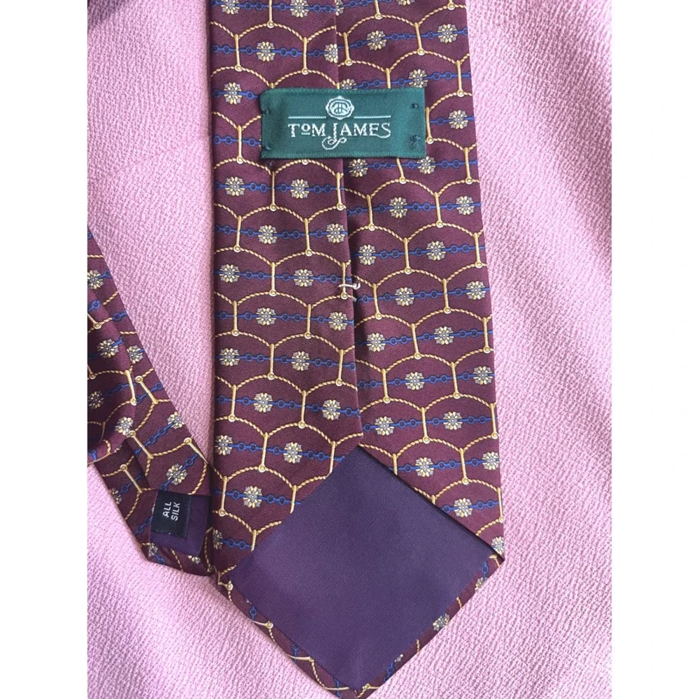 Tom James Mens Silk Tie Burgundy Gold Blue Geometric Chain Floral Pattern
